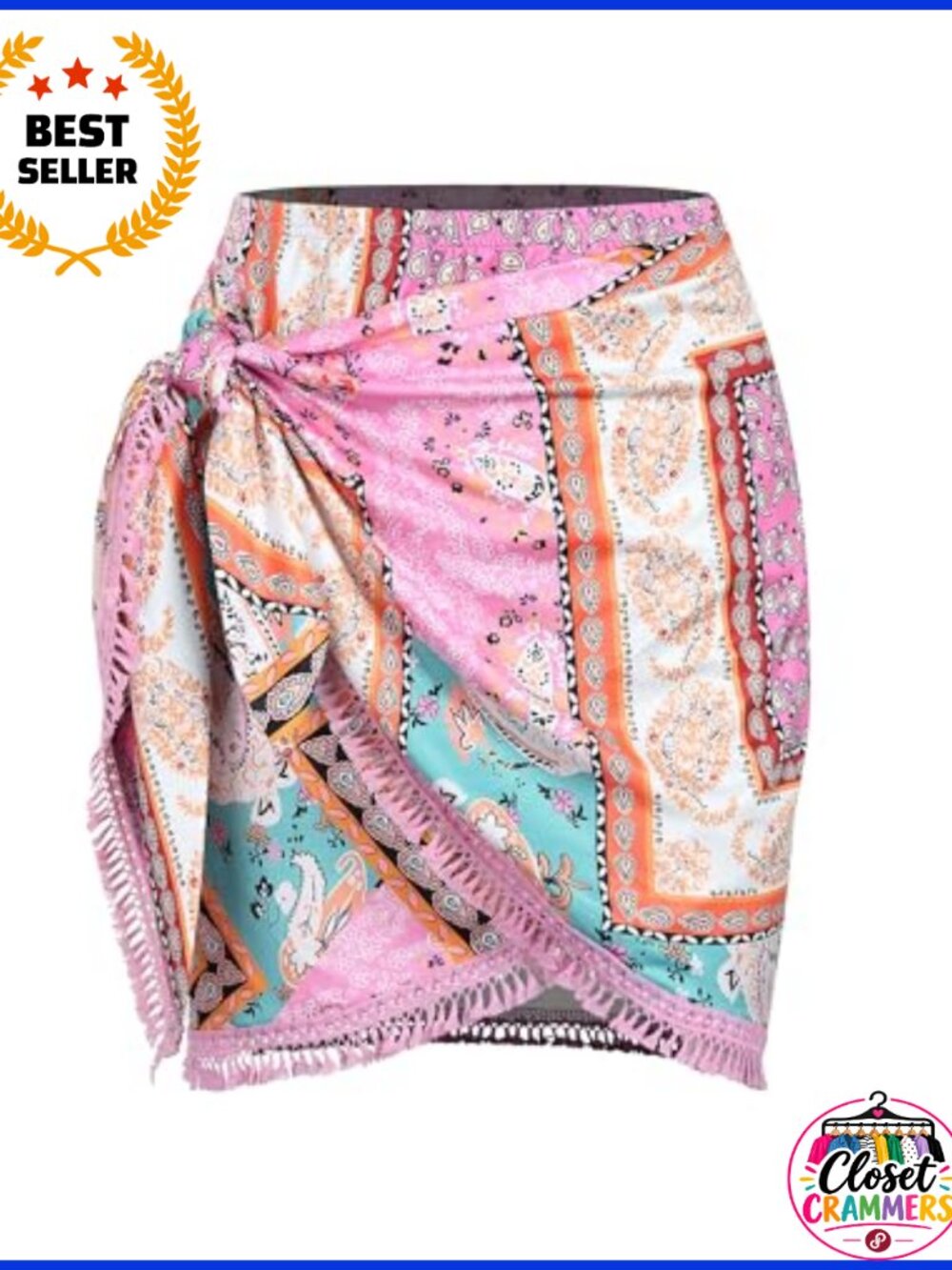 Women's Boho Print Tie Side Wrap Mini Skirt Polyester Blend Tassel